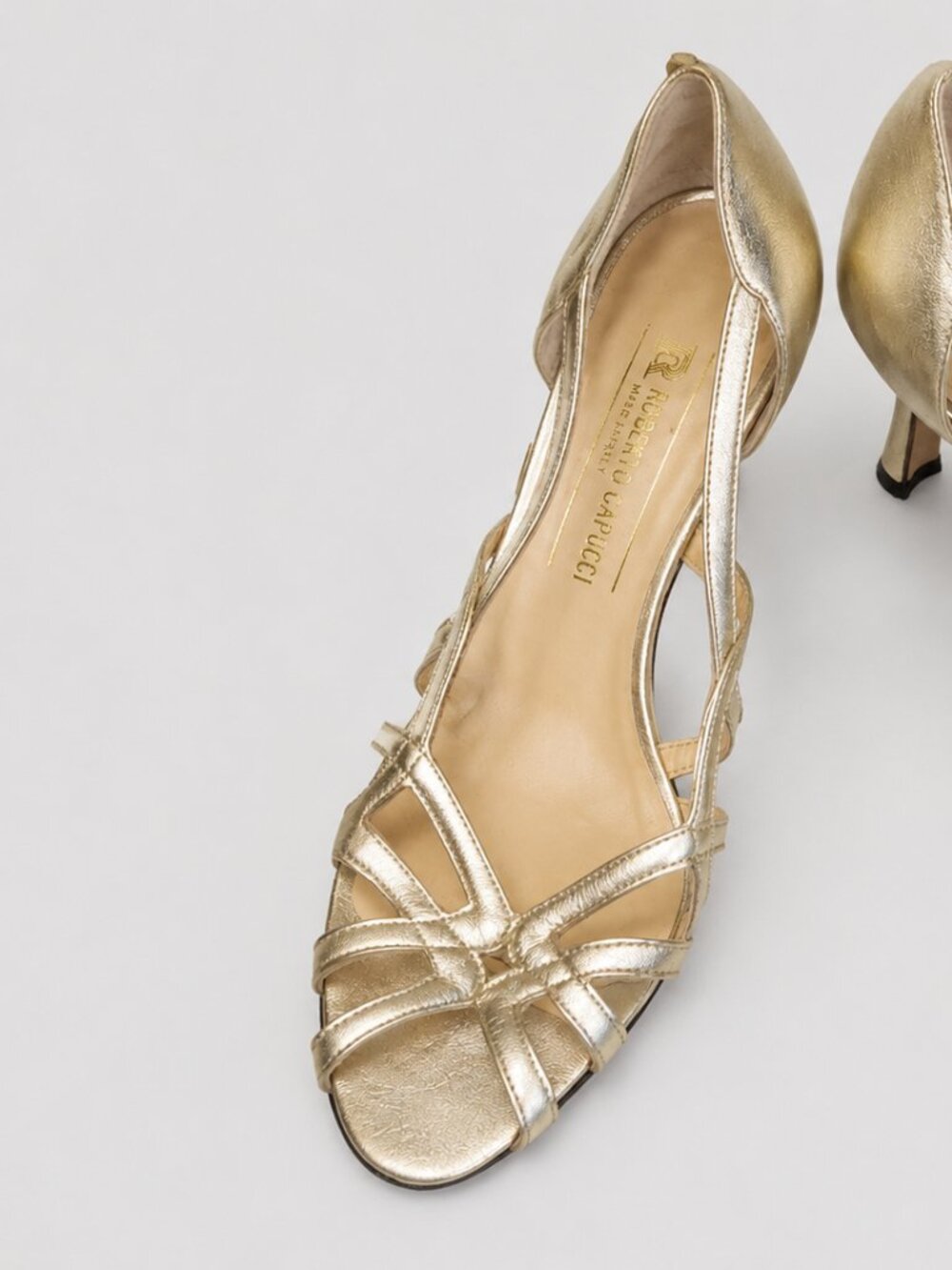 Roberto Capucci Gold Metallic Leather Strappy Heels Size 8B Made Italy